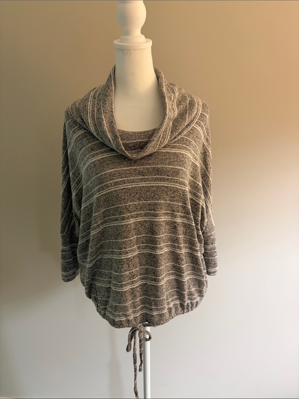 Green Envelope Gray Striped Cowl Neck Drawstring Sweater